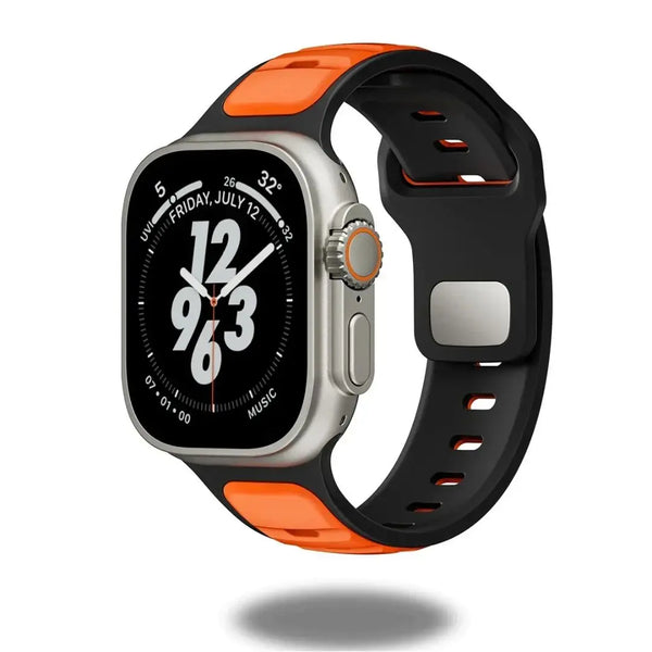 Black and orange rugged dual tone silicone sports band for the 46mm Apple Watch Series 12