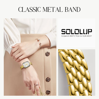 Woman wearing gold stainless steel Apple Watch band for women, styled with a classic bracelet look for office and everyday elegance.