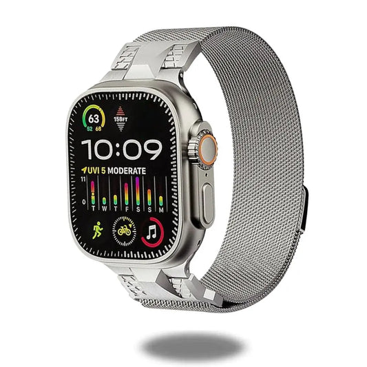 Stylish Apple Watch with Alpha Loop Milanese band featuring magnetic clasp for secure fit and sleek design.