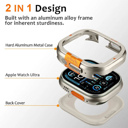 Aluminum Alloy Armor Case for Apple Watch Ultra 3/2/1 & Series 11/10 (46/49mm) showing 2-in-1 design and durable aluminum frame.