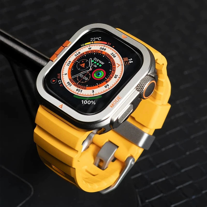 Aluminum Alloy Armor Case for Apple Watch Ultra 3/2/1 & Series 11/10 (46/49mm) with yellow strap