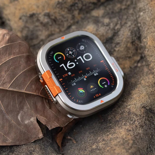 Aluminum Alloy Armor Case for Apple Watch Ultra 3/2/1 & Series 11/10 (46/49mm) on a leaf.