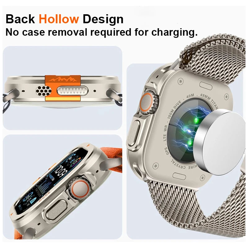 Aluminum Alloy Armor Case for Apple Watch Ultra 3/2/1 & Series 11/10 (46/49mm) showing back hollow design for easy charging.
