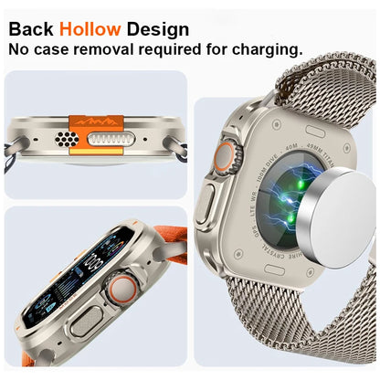 Aluminum Alloy Armor Case for Apple Watch Ultra 3/2/1 & Series 11/10 (46/49mm) showing back hollow design for easy charging.