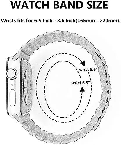 Adjustable leather watch band size guide for wrists 6.5 to 8.6 inches, perfect fit for Apple Watch.