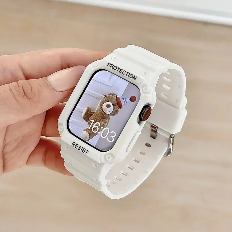 Close-up of Apple Watch with a clear case and strap, displaying a cute teddy bear on the screen for stylish protection.