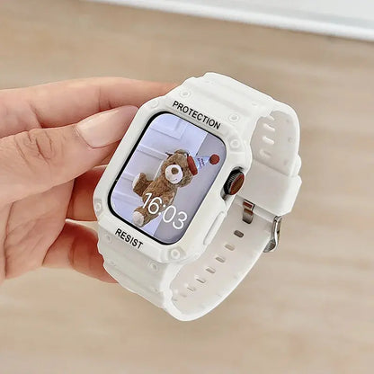 Close-up of Apple Watch with a clear case and strap, displaying a cute teddy bear on the screen for stylish protection.