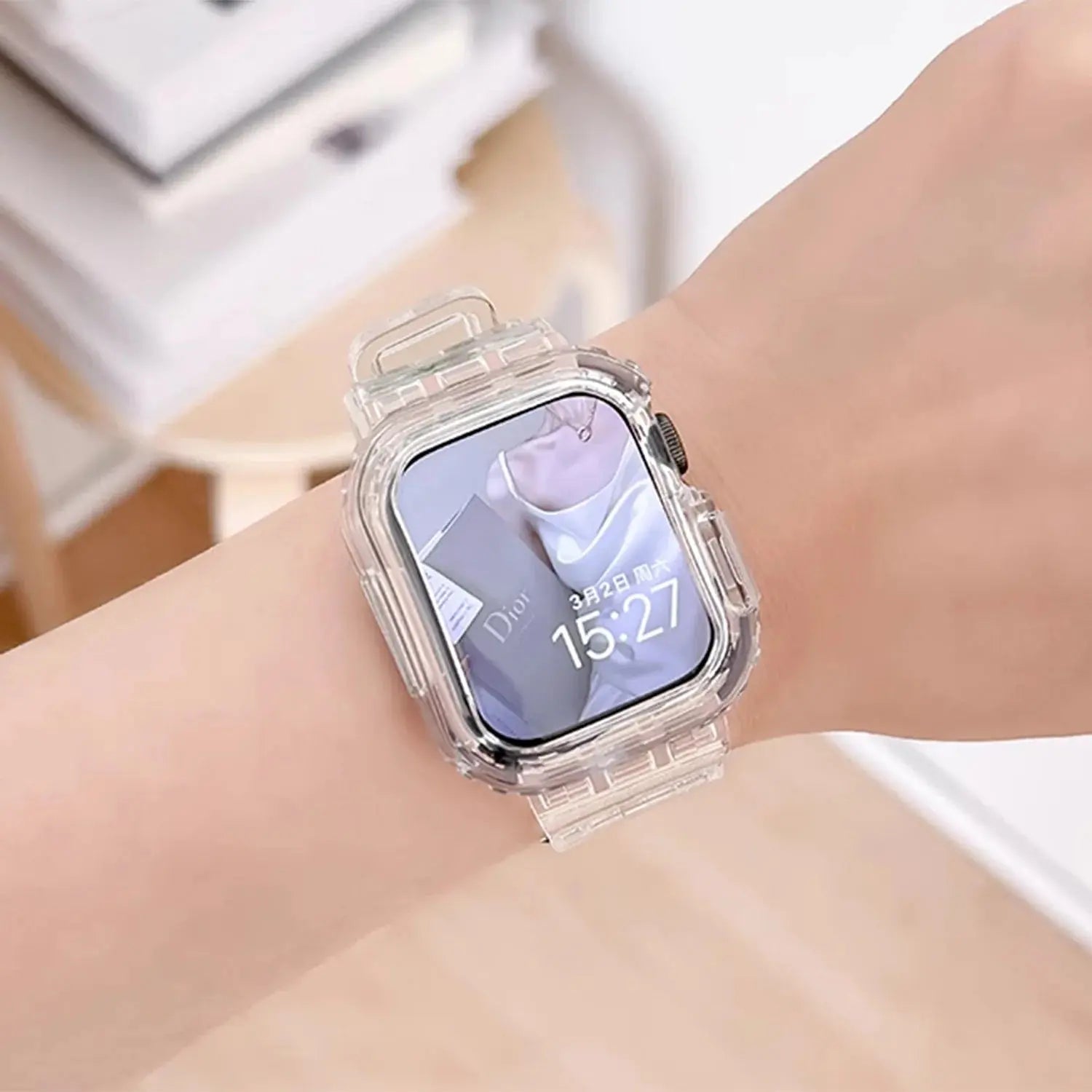 Apple Watch in a clear case with a transparent strap, showcasing 360° protection and minimalistic design.