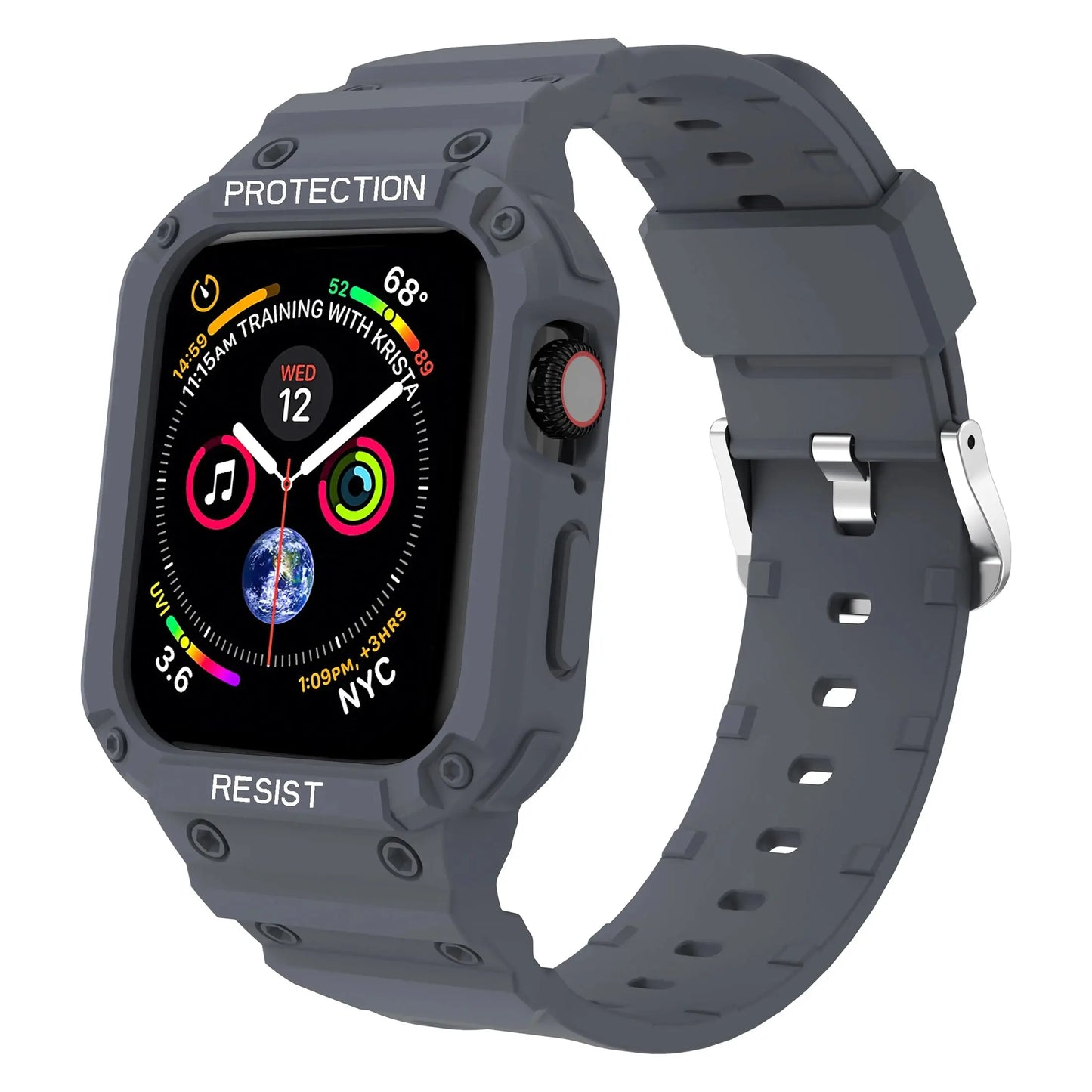 Apple Watch with gray protective case and strap showing clear display and fitness features, offering durability and style.