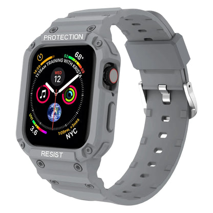 Apple Watch clear case with gray strap, offering protection and style for 360° defense and comfort.