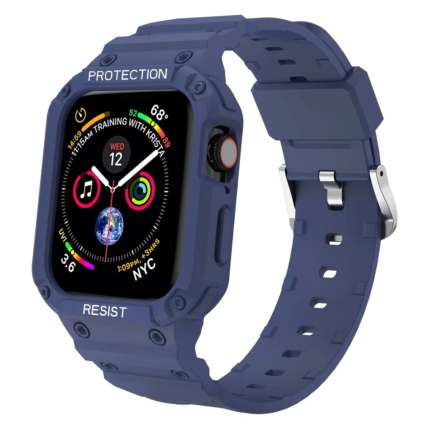 Apple Watch with blue clear case and strap, featuring protection and resist text, designed for style and durability.