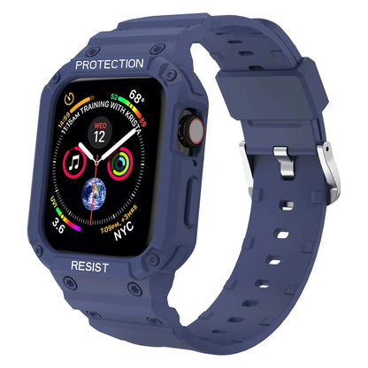 Apple Watch with blue clear case and strap, featuring protection and resist text, designed for style and durability.