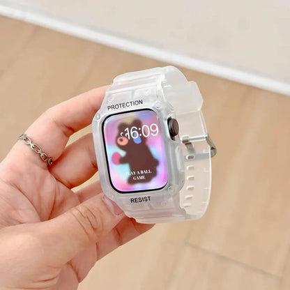 Hand holding an Apple Watch with a clear case and strap showcasing a vibrant display, emphasizing protection and style.