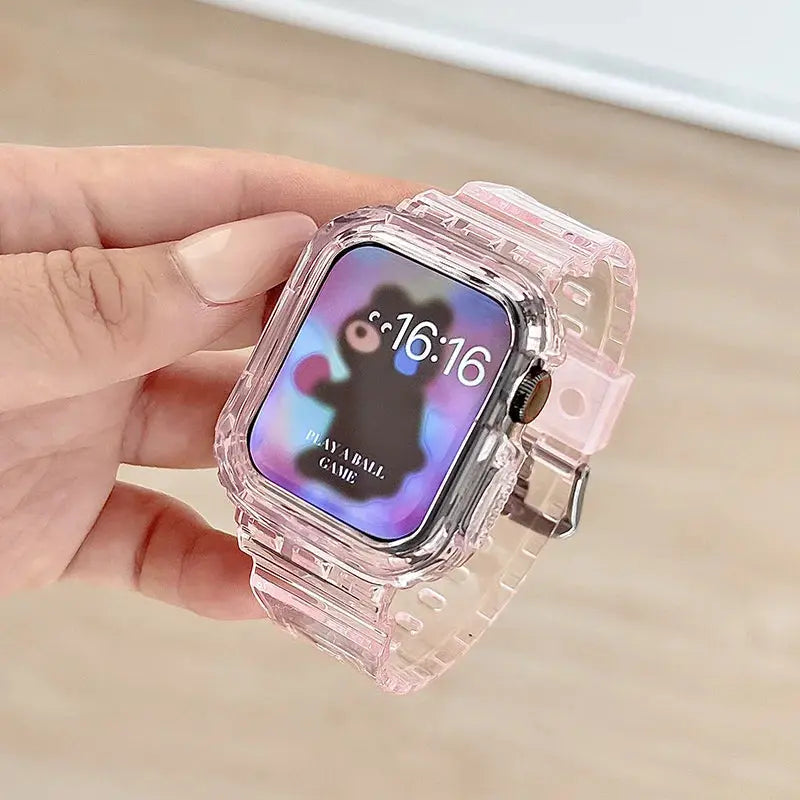 Apple Watch Clear Case and Strap set showcasing a transparent pink design with crystal-clear protection for style and comfort.