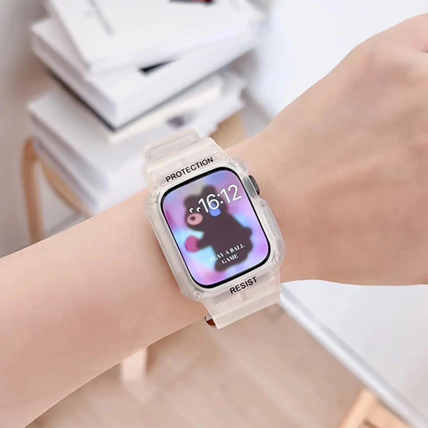 Apple Watch Clear Case and Strap on wrist, showcasing protection and sleek design, perfect for style and durability.