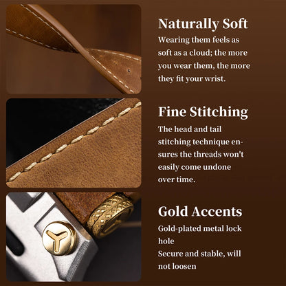 Detailed view of luxury leather Apple Watch strap highlighting fine stitching, naturally soft leather texture, and gold-accented metal lock