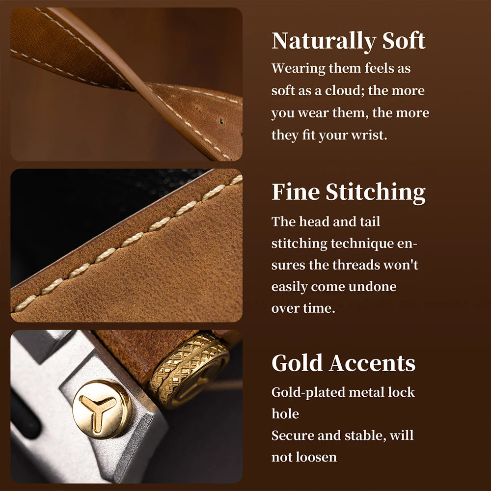 Apple Watch Leather Strap – Luxury Business Band (44–49mm) showcasing naturally soft leather, fine stitching, and gold accents.