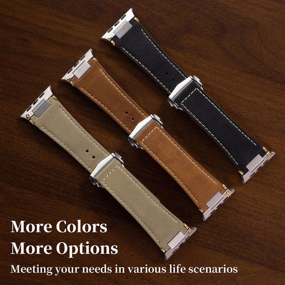 Apple Watch Leather Strap – Luxury Business Band (44–49mm) in various colors for versatility and style.