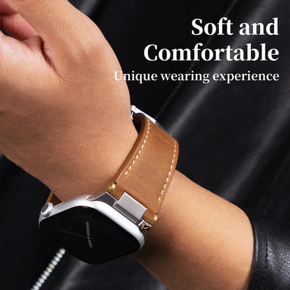Soft and comfortable leather Apple Watch strap worn on wrist, showcasing smooth genuine leather and ergonomic fit for all-day business wear