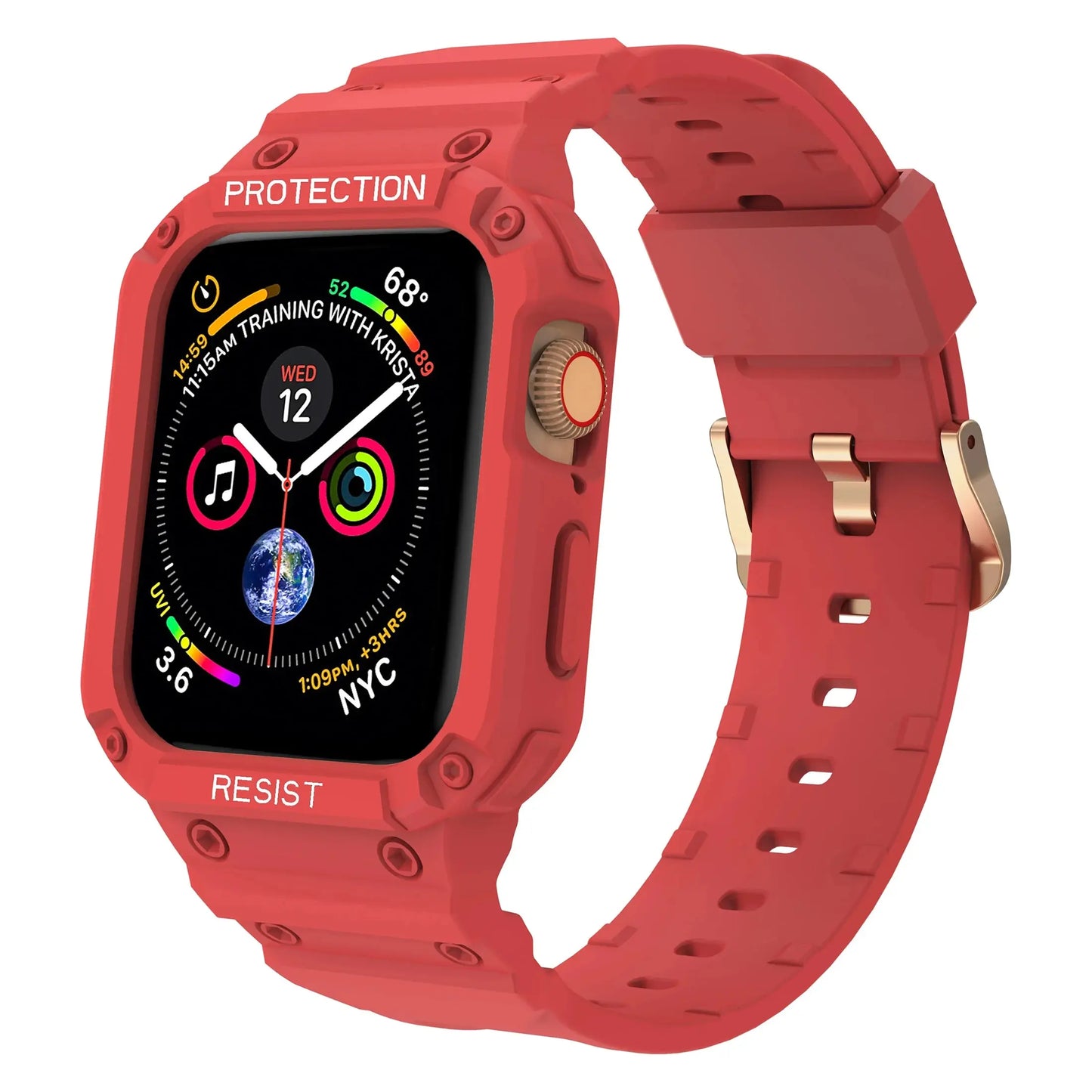 Apple Watch Clear Case and Strap with durable red rubber strap for protection and comfort during workouts.