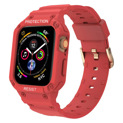 Apple Watch Clear Case and Strap with durable red rubber strap for protection and comfort during workouts.
