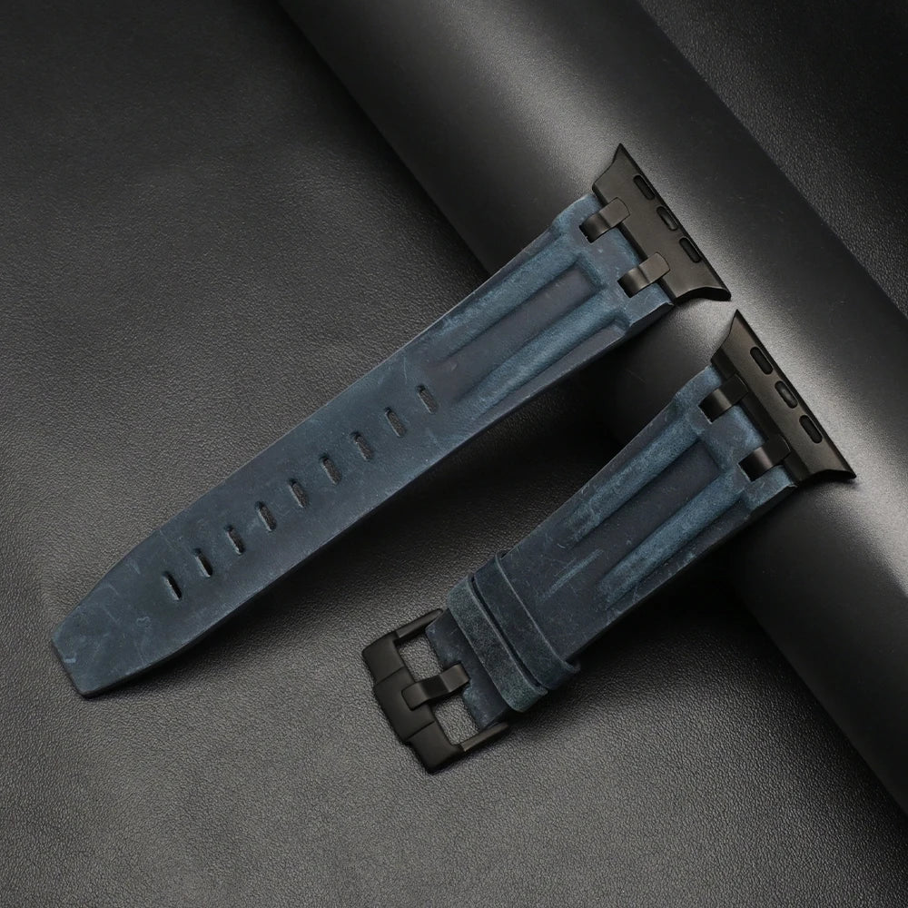 Apple Watch Ultra 3 leather band in dark blue color, perfect business strap for men, 49mm 46mm 45mm 44mm sizes.