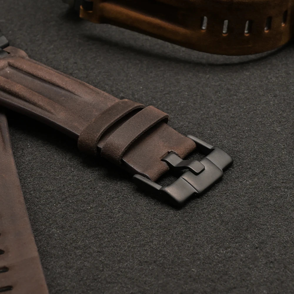 Apple Watch Ultra 3 leather bands close-up showing premium business strap design and durable buckle.