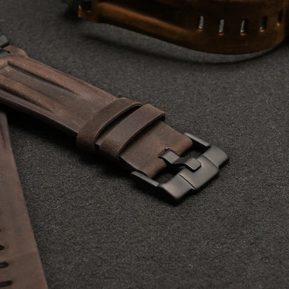 Apple Watch Ultra 3 leather bands close-up showing premium business strap design and durable buckle.