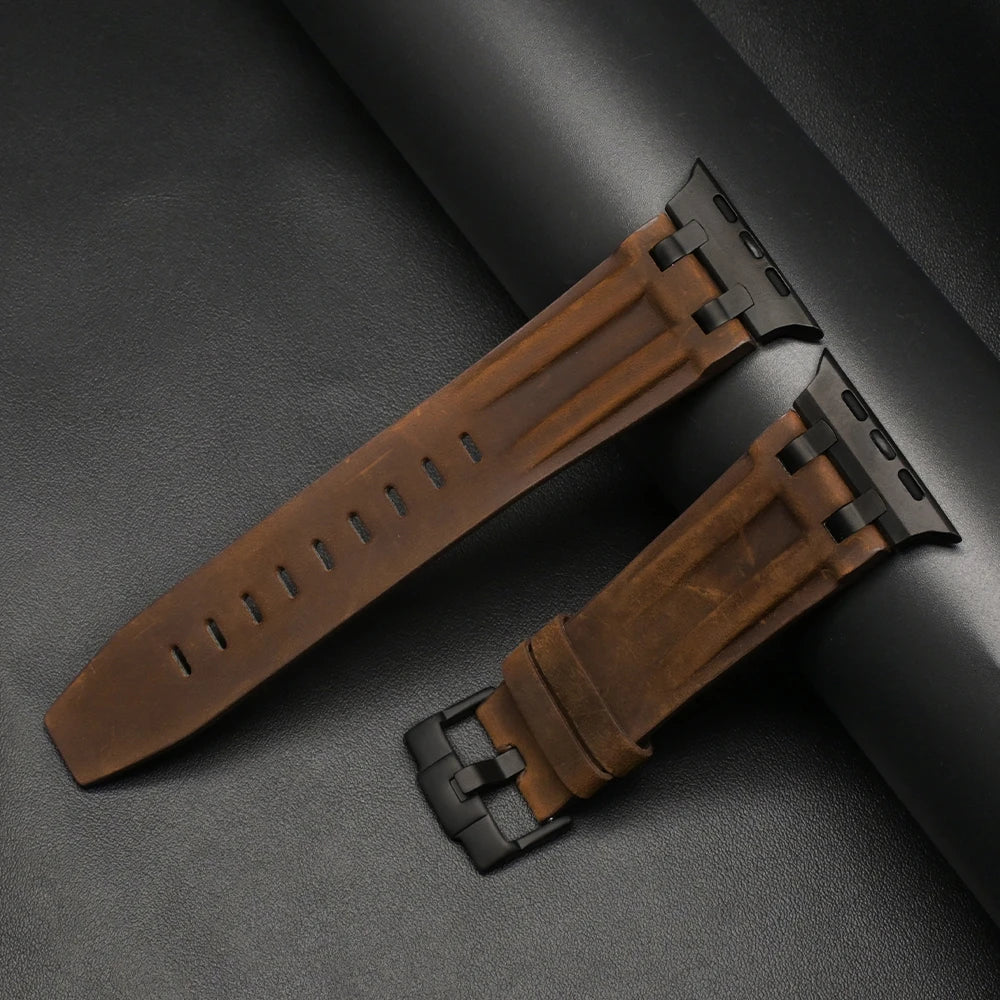 Apple Watch Ultra 3 Leather Band | Business Strap for Men 49mm - 44mm, premium brown leather strap for Apple Watch.
