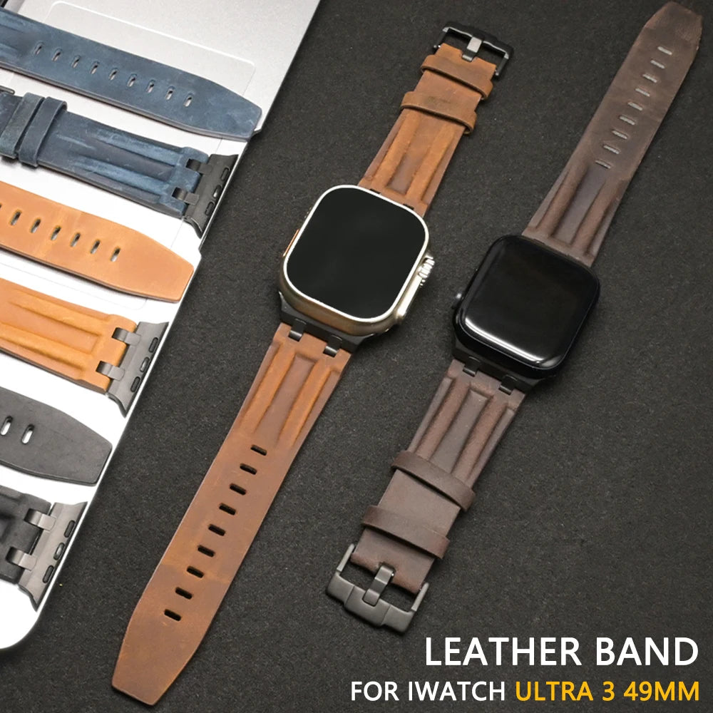 Apple Watch Ultra 3 leather bands displayed, featuring brown and tan straps for 49mm models.