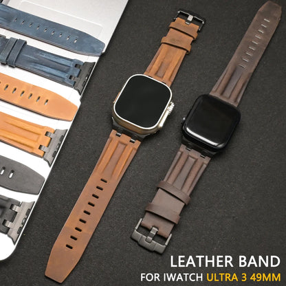 Apple Watch Ultra 3 leather bands displayed, featuring brown and tan straps for 49mm models.