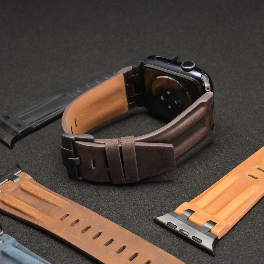 Apple Watch Ultra 3 Leather Bands displayed with various strap colors, showcasing the stylish business strap for men.