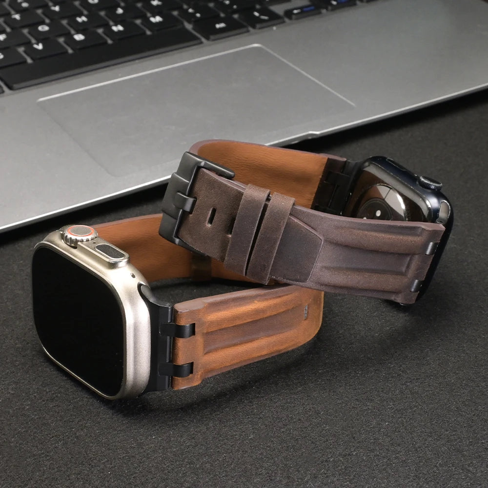 Apple Watch Ultra 3 Leather Bands | Premium business strap for men, showcasing the rugged design and durability.
