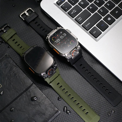 Apple Watch Ultra 3 Rubber Band for Men – Titanium Sport Strap displayed alongside compatible smartwatches on a desk.
