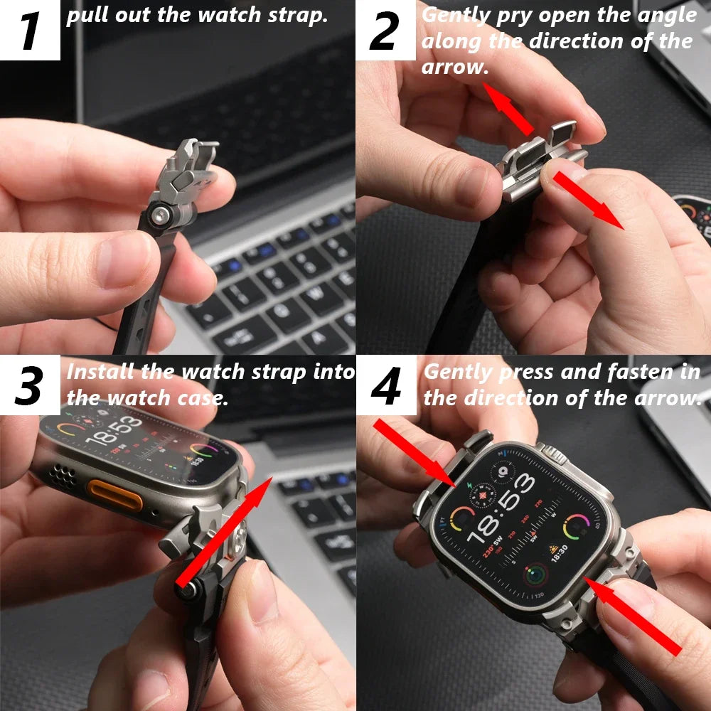 Apple Watch Ultra 3 Rubber Band for Men – Titanium Sport Strap installation guide with step-by-step instructions.