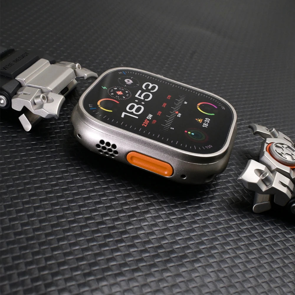 Apple Watch Ultra 3 Rubber Band for Men – Titanium Sport Strap next to an Apple Watch Ultra displaying time.