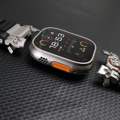 Apple Watch Ultra 3 Rubber Band for Men – Titanium Sport Strap next to an Apple Watch Ultra displaying time.
