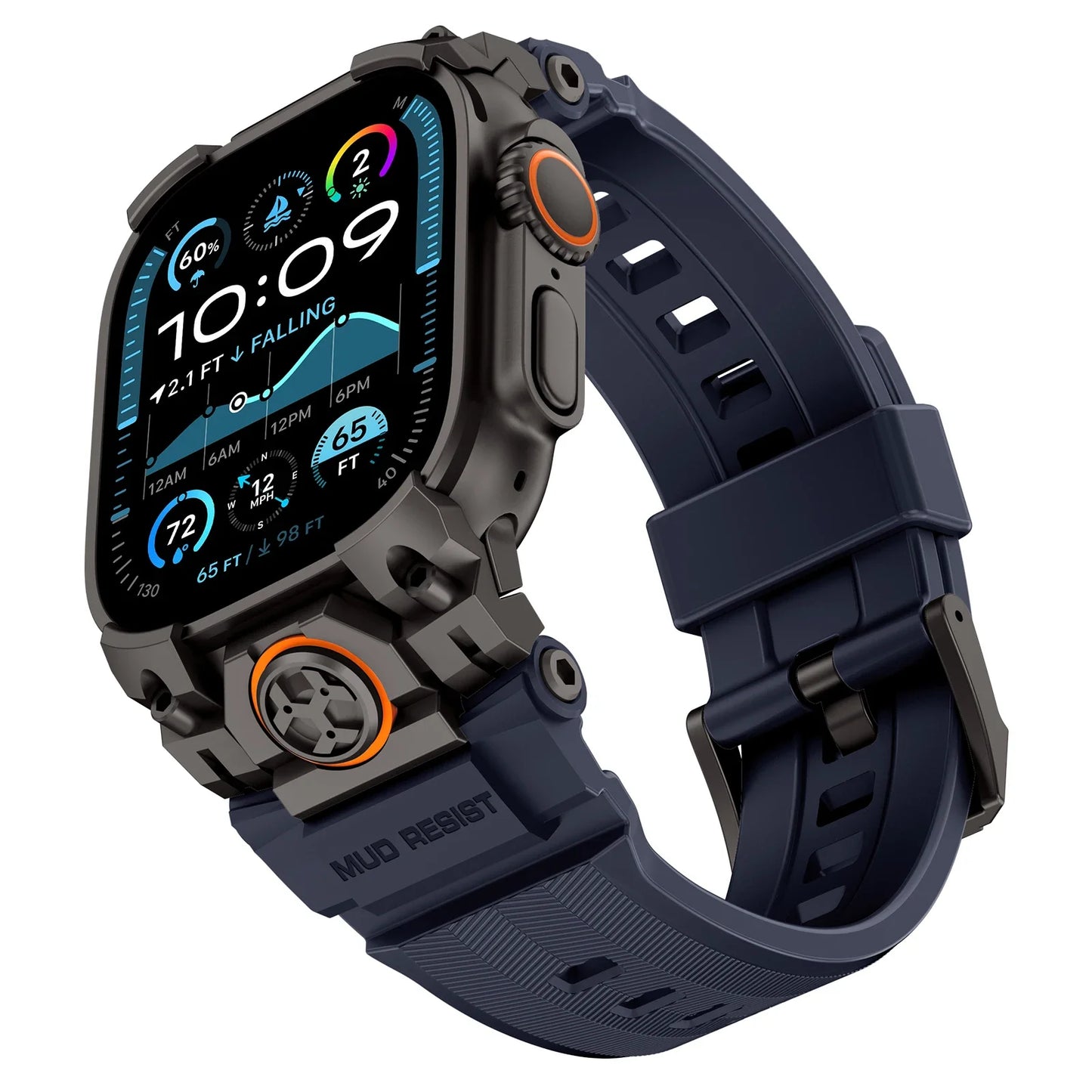 Apple Watch Ultra 3 Rubber Band for Men – Titanium Sport Strap on rugged smartwatch display with black and blue design.