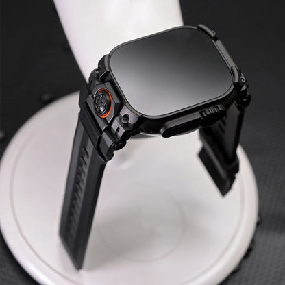 Apple Watch Ultra 3 Rubber Band for Men – Titanium Sport Strap displayed on a sports watch stand.