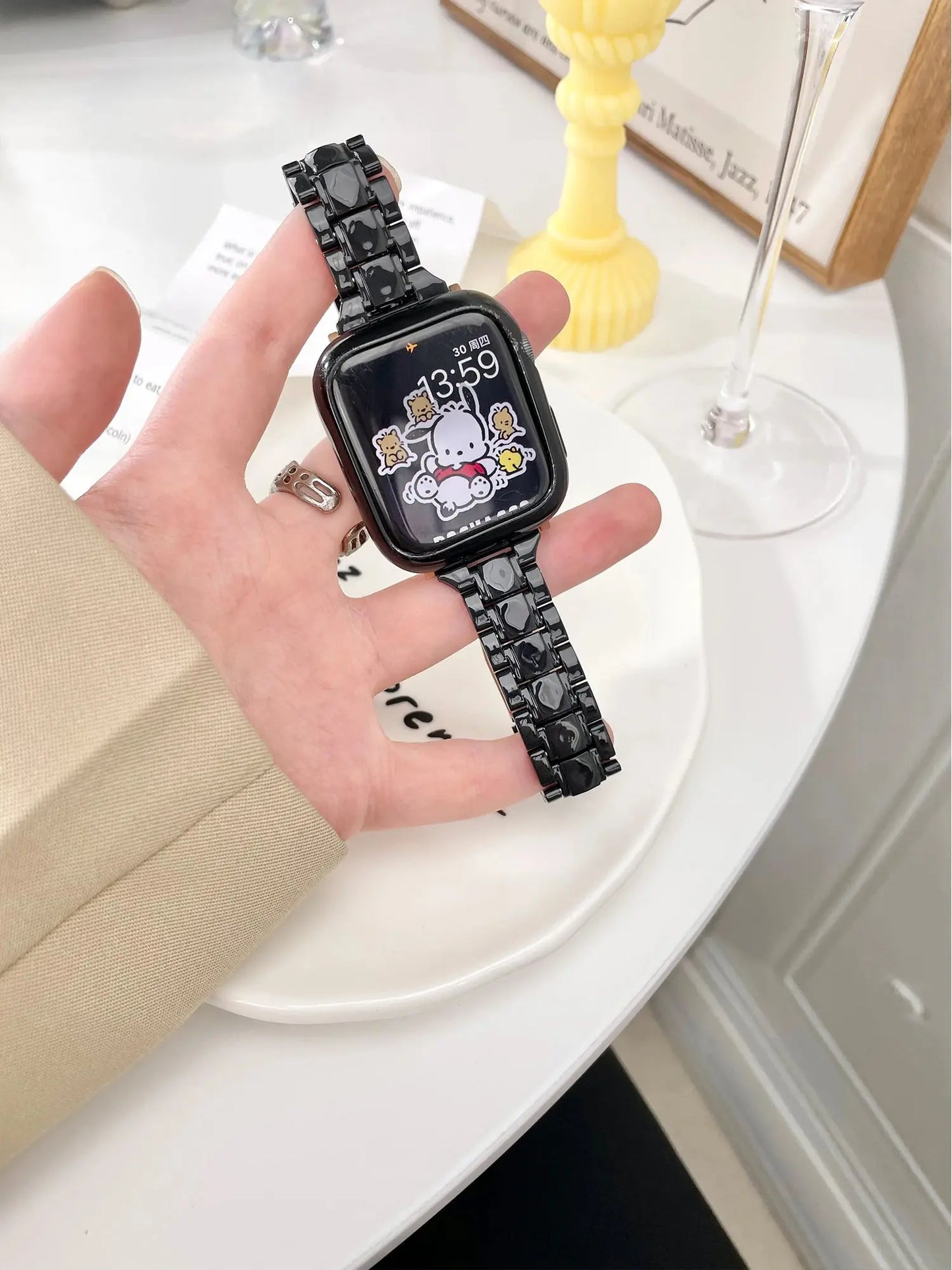Clear Slim Apple Watch Bracelet showcased on a hand, featuring a transparent acrylic design and a stylish folding clasp.