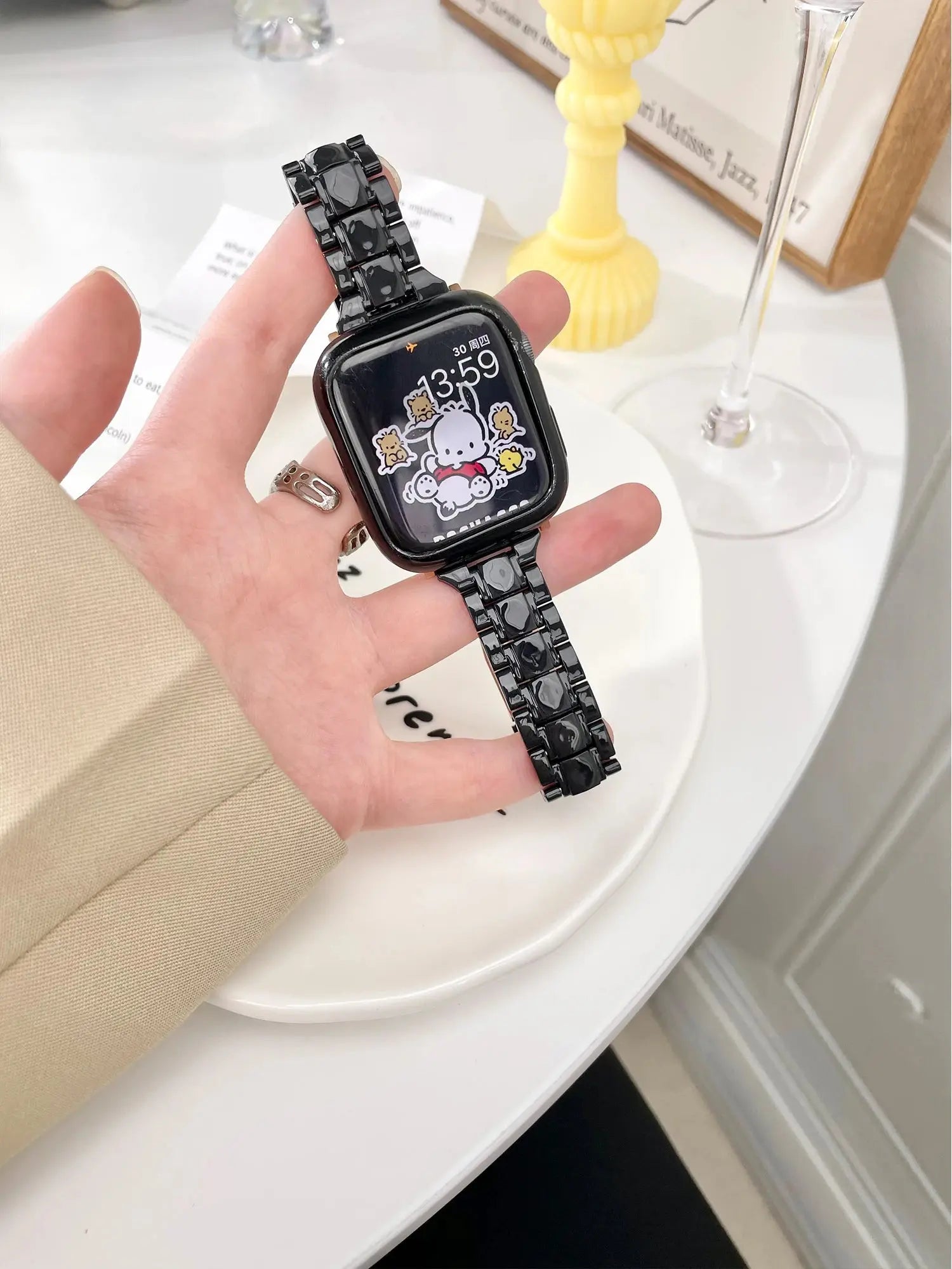 Clear Slim Apple Watch Bracelet showcased on a hand, featuring a transparent acrylic design and a stylish folding clasp.