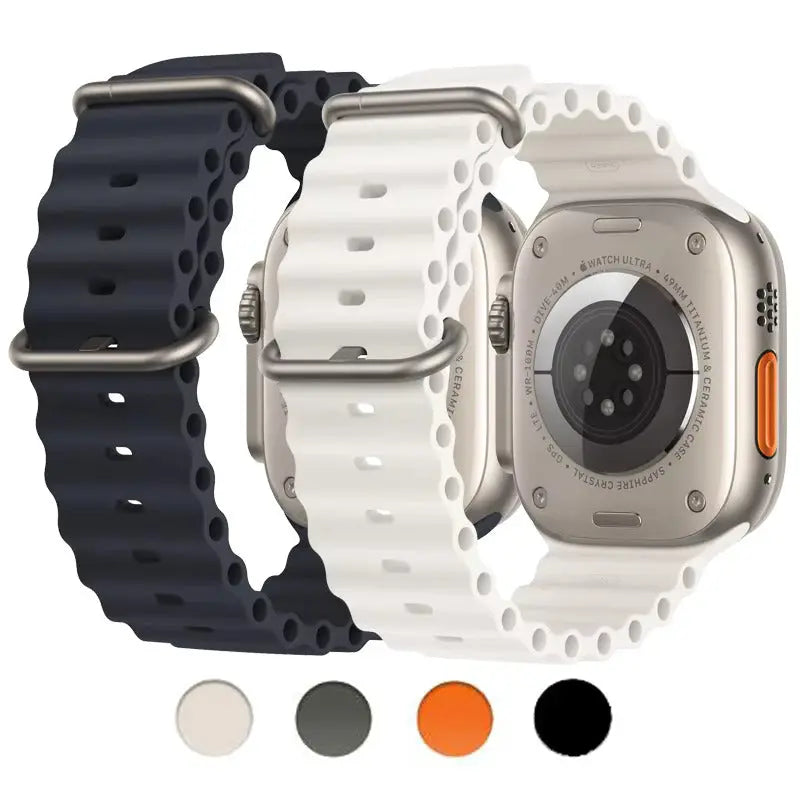 Ocean straps for Apple Watch in navy and white, showcasing durability and adjustable fit for water sports.
