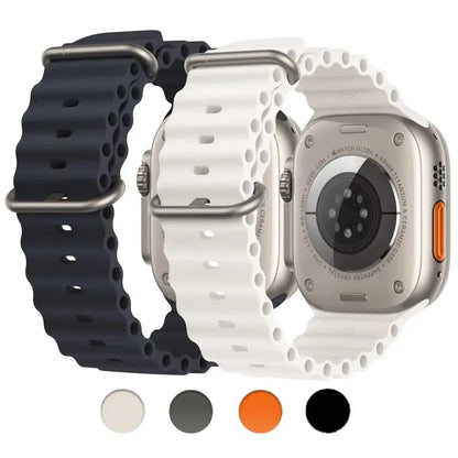 Ocean straps for Apple Watch in navy and white, showcasing durability and adjustable fit for water sports.