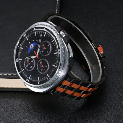 No Gaps Stainless Steel Bracelet for Samsung Galaxy Watch 8/Classic 46mm displayed on a stylish black background.