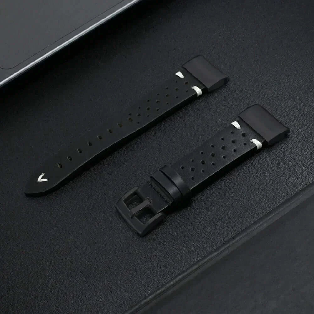Leather Band for Garmin Fenix 7X/6X/5X, Enduro & MARQ (22/26mm) in black rubber with buckle detail.