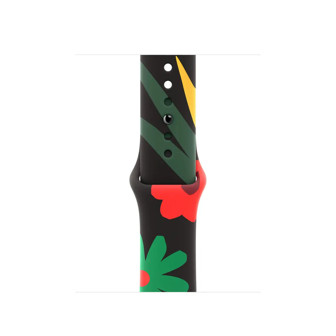 Colorful Silicon Sports 2025 Apple Watch band featuring floral design, breathable comfort, and secure pin-and-tuck closure.