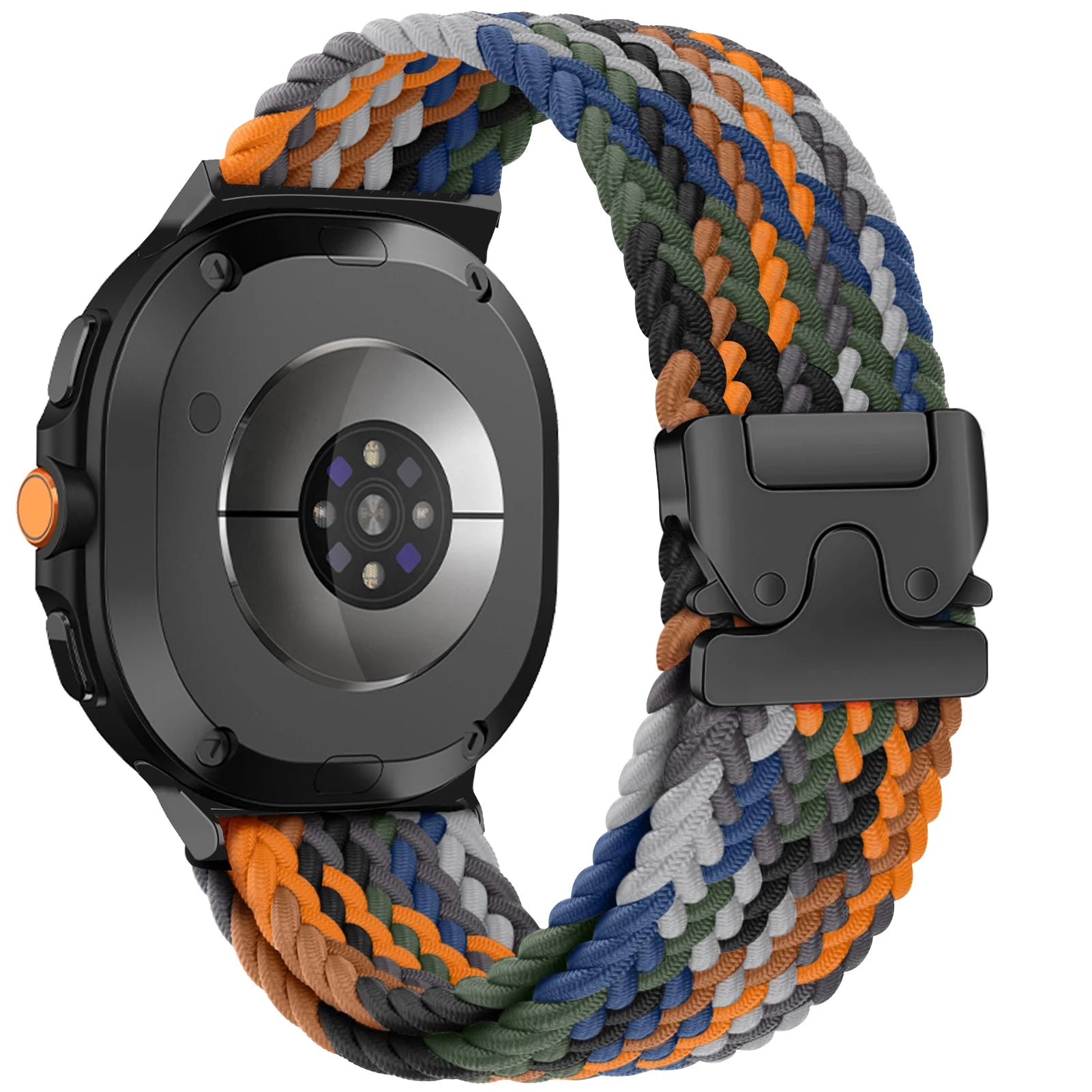 Braided Nylon Strap for Galaxy Watch 8 & 8 Classic 46mm featuring multicolored woven design and durable clasp.