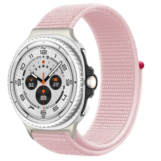 Breathable Nylon Loop Band for Galaxy Watch 8 & 8 Classic 46mm in pink, showcasing its comfort and style.