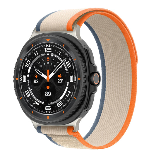 Breathable Nylon Trail Loop Band for Galaxy Watch 8 & Classic on a smartwatch displaying time and weather.