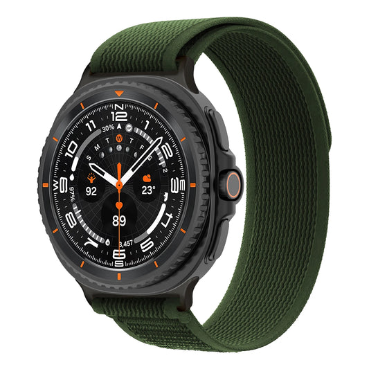 Breathable Nylon Trail Loop Band for Galaxy Watch 8 & Classic in green color on a smartwatch.
